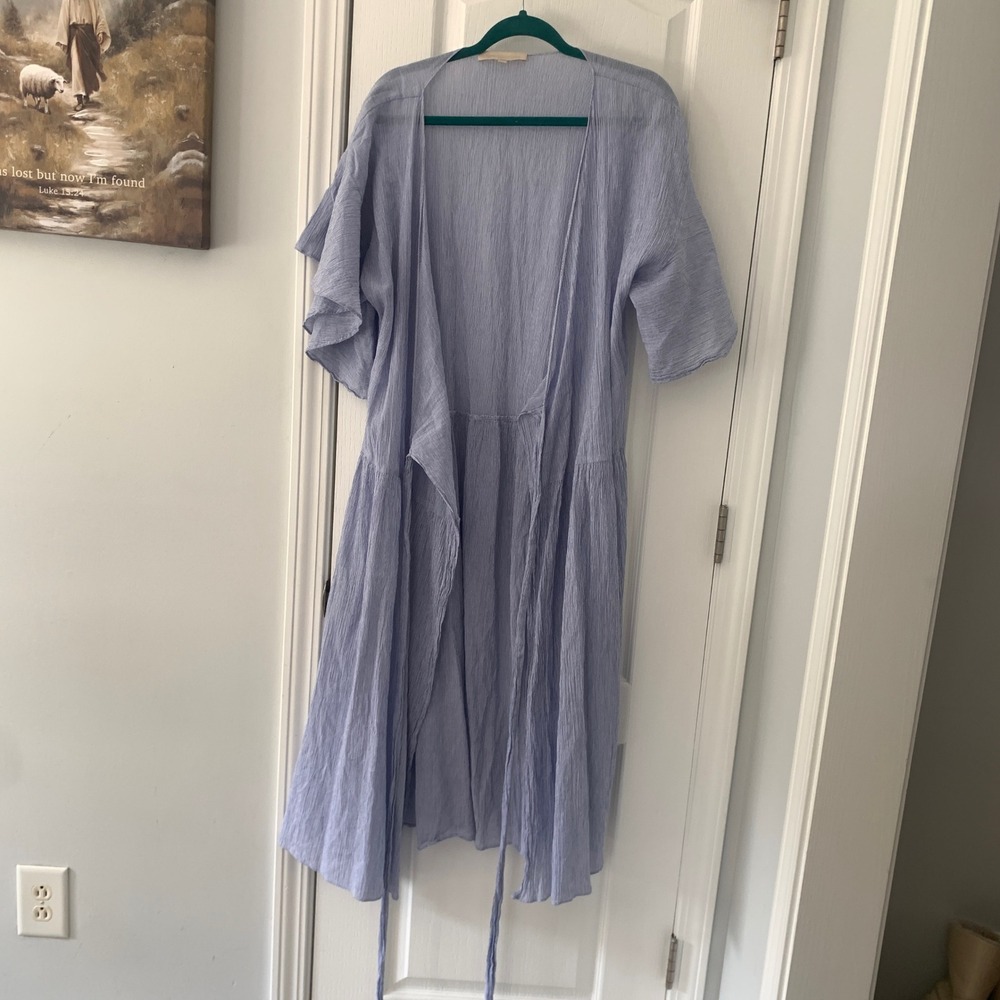 Vanessa Bruno Blue Striped Cotton Duster Robe Flutter Sleeve Cardigan Size 38